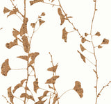 Ginkgo Silhouette Light Brown cork wallpaper with vertical botanical silhouettes on white, 27 in x 27 ft bolt.