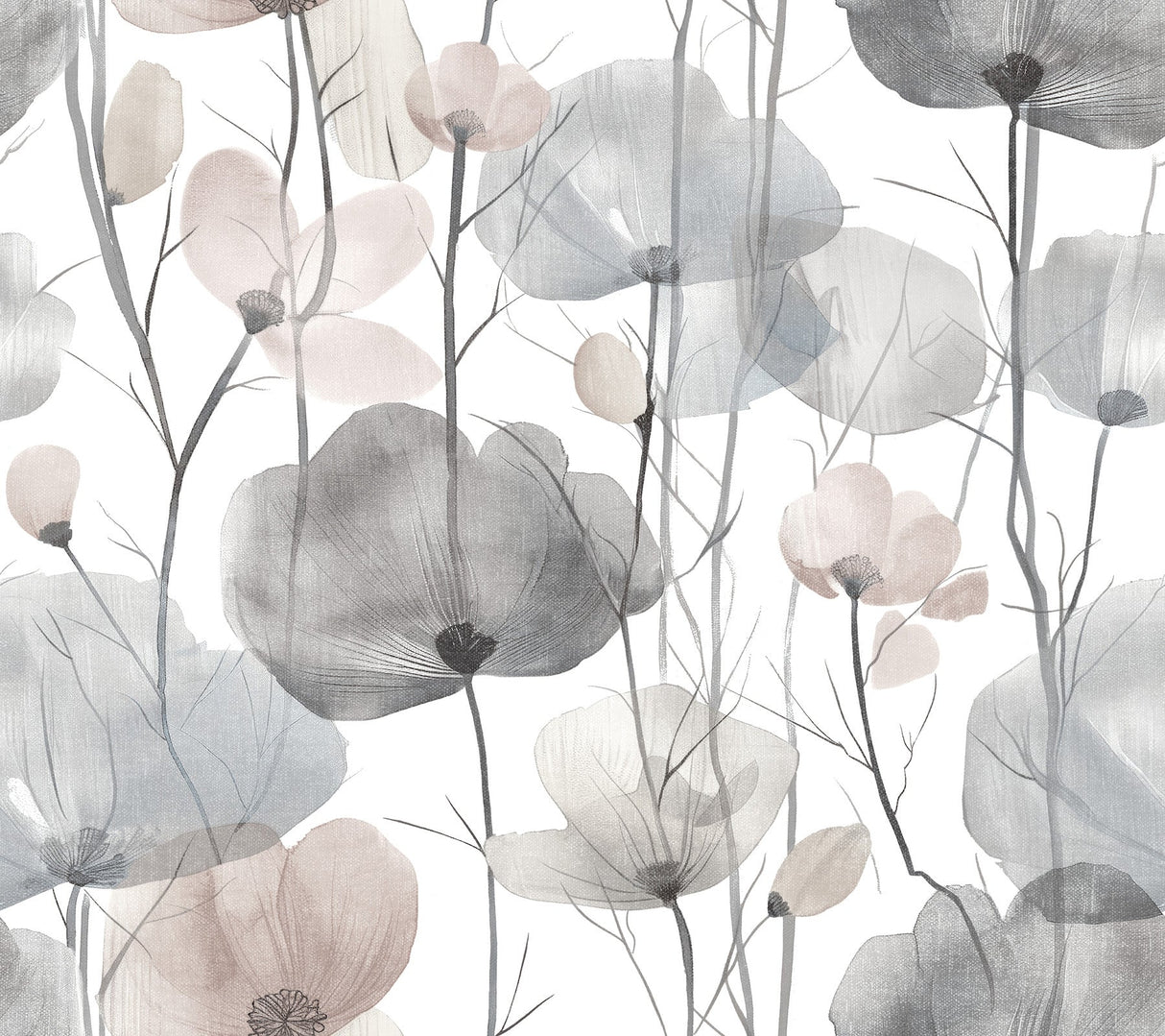 Cotswolds Poppies Grey floral wallpaper with watercolor poppy blooms in grey, pale blue, and mauve.