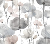 Cotswolds Poppies Grey floral wallpaper with watercolor poppy blooms in grey, pale blue, and mauve.