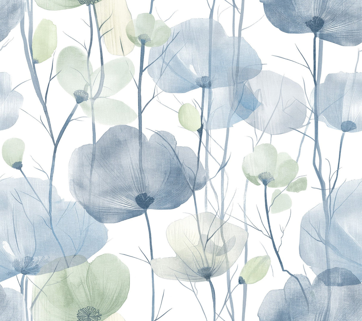 Cotswolds Poppies Blue Floral Wallpaper by Ronald Redding showing airy watercolor poppy flowers.