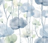 Cotswolds Poppies Blue Floral Wallpaper by Ronald Redding showing airy watercolor poppy flowers.