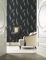 Society Hill Black by Ronald Redding Abstract Leaf Wallpaper- York Designer Series VR1549