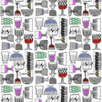 Kippis wallpaper pattern with illustrated glassware in ebony linework on an eggshell background with multicolor accents.