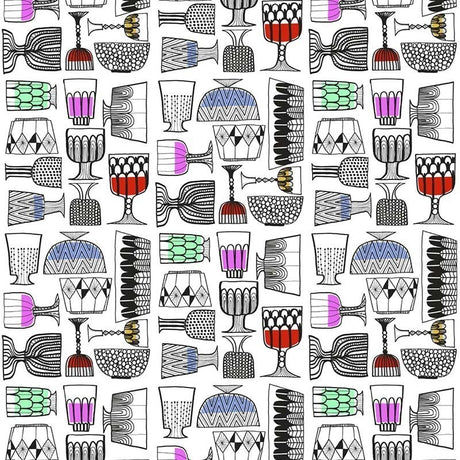 Kippis wallpaper pattern with illustrated glassware in ebony linework on an eggshell background with multicolor accents.