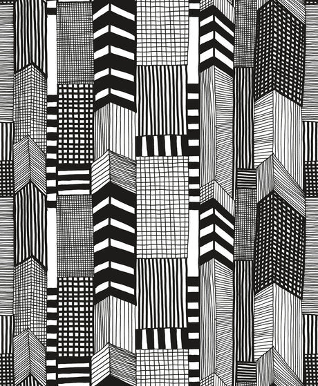 Ruutukaava wallpaper in Ebony and Eggshell with a graphic, geometric cityscape illustration pattern.