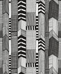 Ruutukaava wallpaper in Ebony and Eggshell with a graphic, geometric cityscape illustration pattern.