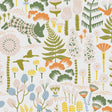 Hoppmosse wallpaper by Boråstapeter for Schumacher, featuring whimsical piglets, geese, and colorful forest plants in ivory, green, orange, and blue tones.