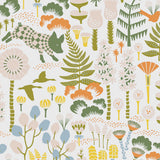 Hoppmosse wallpaper by Boråstapeter for Schumacher, featuring whimsical piglets, geese, and colorful forest plants in ivory, green, orange, and blue tones.