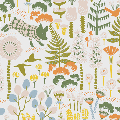 Hoppmosse wallpaper by Boråstapeter for Schumacher, featuring whimsical piglets, geese, and colorful forest plants in ivory, green, orange, and blue tones.