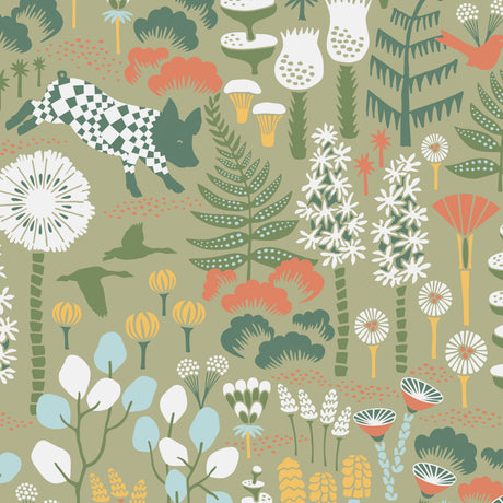 Hoppmosse Sage wallpaper by Boråstapeter featuring whimsical piglets, geese, and botanical motifs in a Scandinavian style.