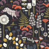 Hoppmosse Midnight wallpaper by Boråstapeter for Schumacher, featuring whimsical piglets, birds, and botanicals on a dark background.