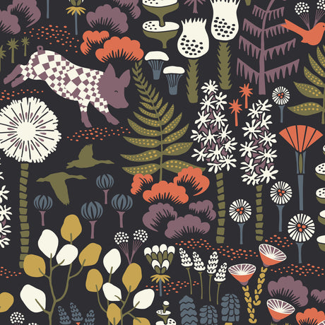 Hoppmosse Midnight wallpaper by Boråstapeter for Schumacher, featuring whimsical piglets, birds, and botanicals on a dark background.