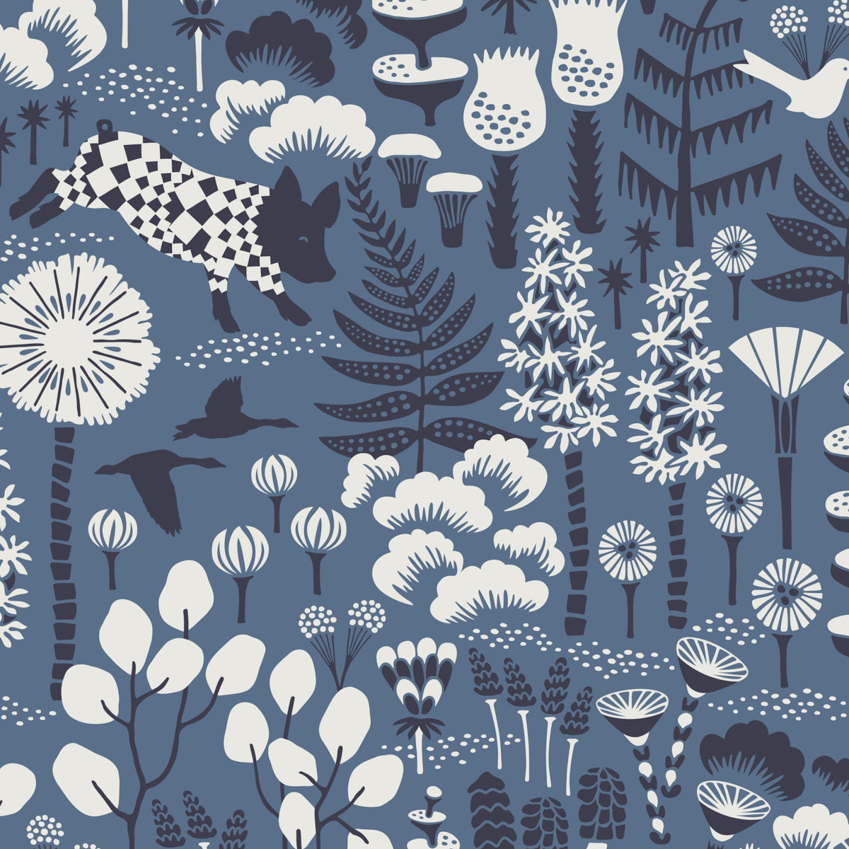 Hoppmosse blue wallpaper by Boråstapeter for Schumacher featuring whimsical piglets, birds, and botanical motifs.