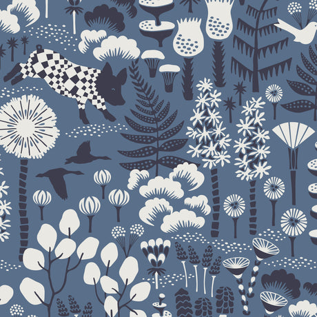 Hoppmosse blue wallpaper by Boråstapeter for Schumacher featuring whimsical piglets, birds, and botanical motifs.