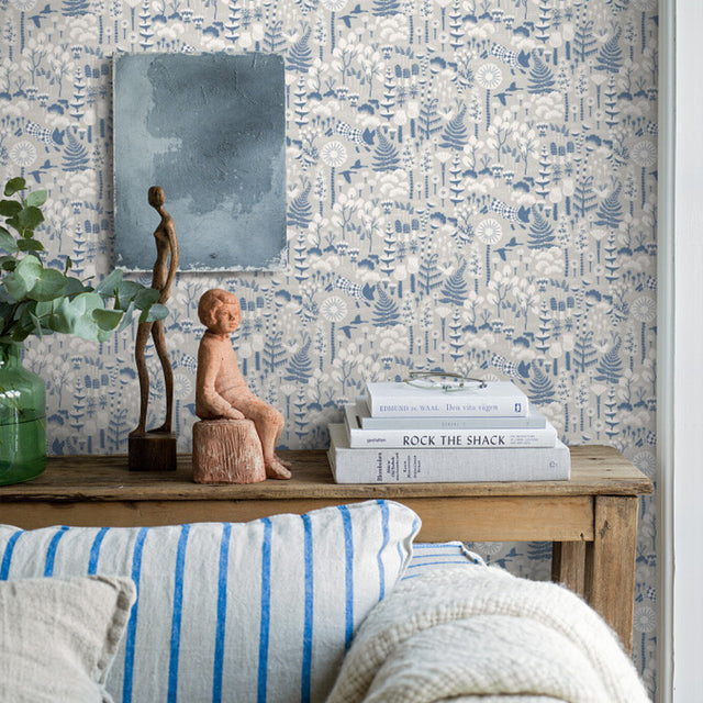 Hoppmosse Dove and Blue by Boråstapeter Whimsical Piglet and Botanical Wallpaper – Schumacher 1454