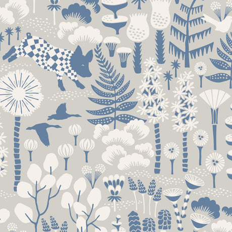 Hoppmosse Dove and Blue wallpaper by Boråstapeter for Schumacher featuring whimsical piglets, geese, and botanical motifs in blue and dove tones.