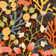 Koralläng brown whimsical aquatic and woodland wallpaper by Boråstapeter for Schumacher, featuring colorful corals, plants, and animals.