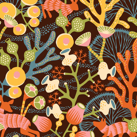 Koralläng brown whimsical aquatic and woodland wallpaper by Boråstapeter for Schumacher, featuring colorful corals, plants, and animals.