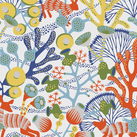 Koralläng Ivory Multi wallpaper by Boråstapeter for Schumacher, featuring whimsical aquatic and woodland motifs in vibrant colors.