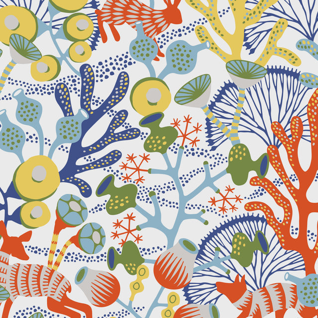 Koralläng Ivory Multi wallpaper by Boråstapeter for Schumacher, featuring whimsical aquatic and woodland motifs in vibrant colors.