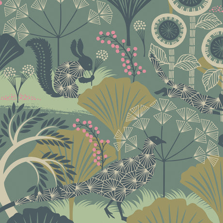 Fantastical mineral-colored wallpaper with Scandinavian forest animals and trees, designed by Hanna Werning for Boråstapeter, shown in a room setting.