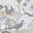 Fantastical Scandinavian wallpaper with soft multi-colored trees and camouflaged animals, designed by Hanna Werning for Boråstapeter.