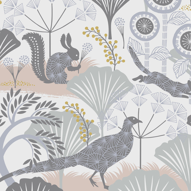 Fantastical Scandinavian wallpaper with soft multi-colored trees and camouflaged animals, designed by Hanna Werning for Boråstapeter.