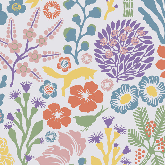 Råvdunge by Boråstapeter for Schumacher. Whimsical ivory multi wallpaper with colorful animals and flowers.