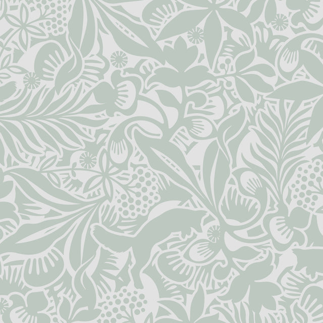 Fantasia Garden wallpaper in Mineral by Boråstapeter for Schumacher, featuring playful foxes and lush foliage in a Scandinavian woodland design.