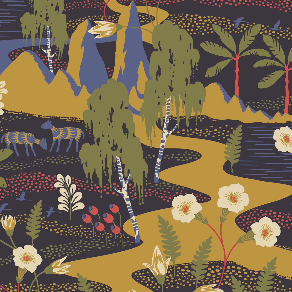 Flyttfrö by Boråstapeter for Schumacher. Mystical landscape wallpaper with animals, birds, and botanicals in multi-color.