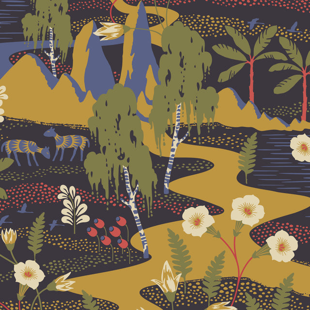 Flyttfrö by Boråstapeter for Schumacher. Mystical landscape wallpaper with animals, birds, and botanicals in multi-color.