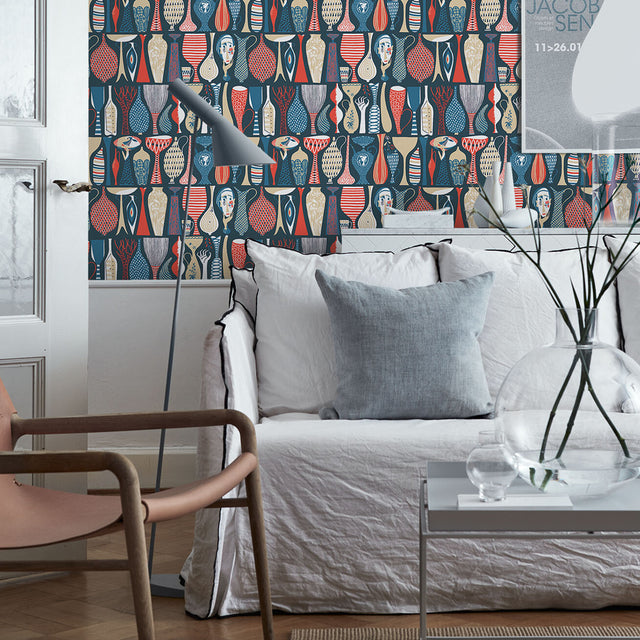 Pottery Navy and Red by Boråstapeter Surreal Ceramics Wallpaper – Schumacher 1760