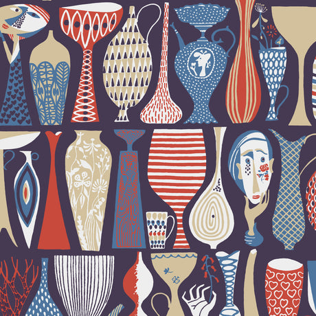 Pottery navy and red wallpaper by Boråstapeter for Schumacher, featuring surreal ceramics and faces in a contemporary Scandinavian style.