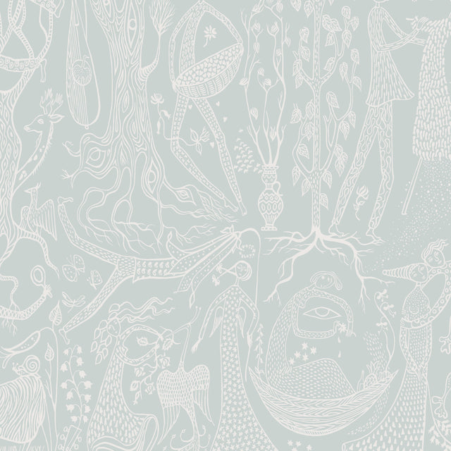 Poème D'Amour wallpaper in Mineral by Boråstapeter for Schumacher, whimsical pattern with fanciful figures and florals