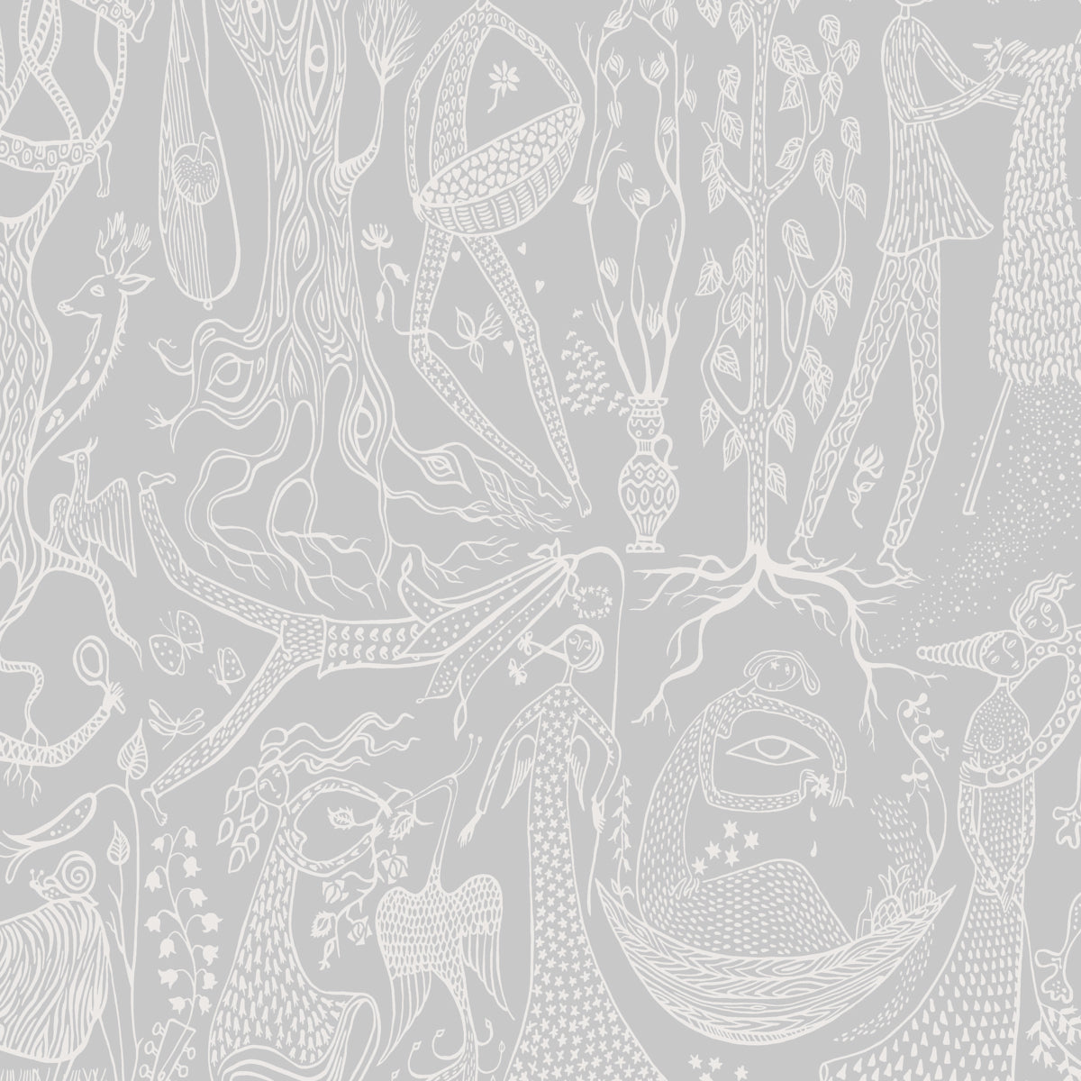 Poème d'Amour wallpaper in grey by Stig Lindberg for Boråstapeter, whimsical pattern with fanciful figures and florals.