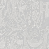 Poème d'Amour wallpaper in grey by Stig Lindberg for Boråstapeter, whimsical pattern with fanciful figures and florals.