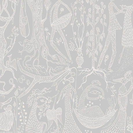 Poème d'Amour wallpaper in grey by Stig Lindberg for Boråstapeter, whimsical pattern with fanciful figures and florals.