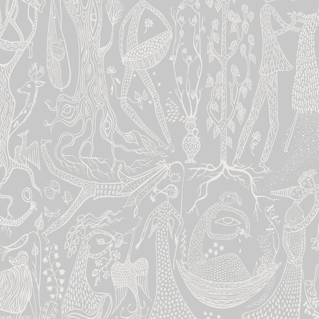 Poème d'Amour wallpaper in grey by Stig Lindberg for Boråstapeter, whimsical pattern with fanciful figures and florals.