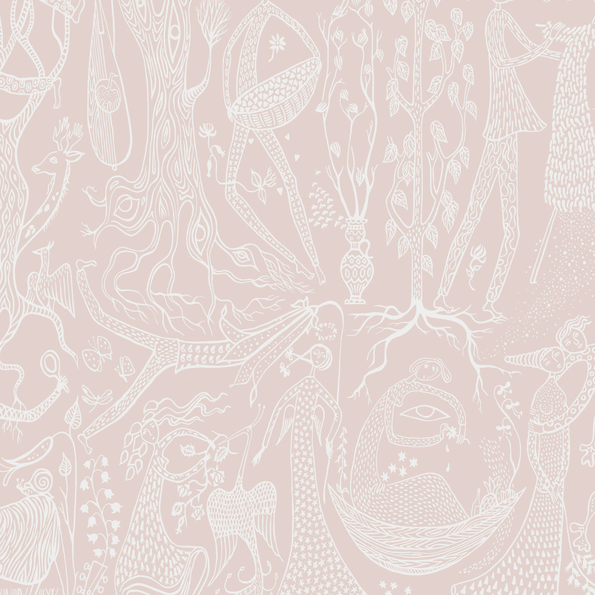 Poème d'Amour blush wallpaper by Boråstapeter for Schumacher, whimsical line art of fanciful figures and florals on a blush pink background.