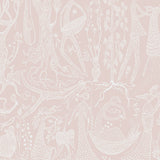 Poème d'Amour blush wallpaper by Boråstapeter for Schumacher, whimsical line art of fanciful figures and florals on a blush pink background.