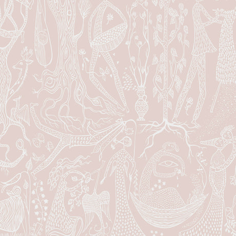 Poème d'Amour blush wallpaper by Boråstapeter for Schumacher, whimsical line art of fanciful figures and florals on a blush pink background.