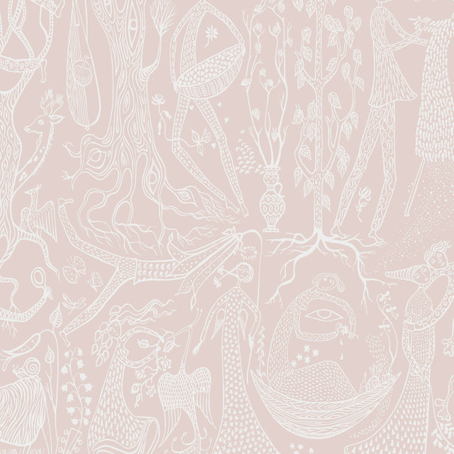Poème d'Amour blush wallpaper by Boråstapeter for Schumacher, whimsical line art of fanciful figures and florals on a blush pink background.