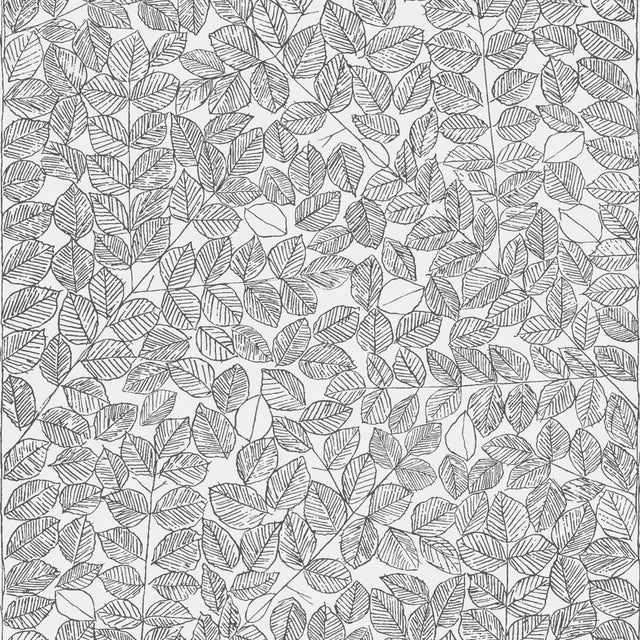 Romans black leaf sketch wallpaper by Boråstapeter for Schumacher, designed by Viola Gråsten, shown in a modern dining room setting.