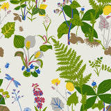 TROLLSLÄNDA wallpaper by Boråstapeter for Schumacher, featuring whimsical wildflowers and ferns in a multicolored botanical design.
