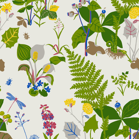 TROLLSLÄNDA wallpaper by Boråstapeter for Schumacher, featuring whimsical wildflowers and ferns in a multicolored botanical design.