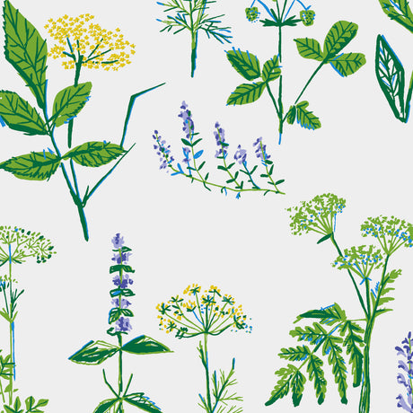 Köksväxter Leaf by Boråstapeter botanical wildflower wallpaper in green, yellow, and purple on white background