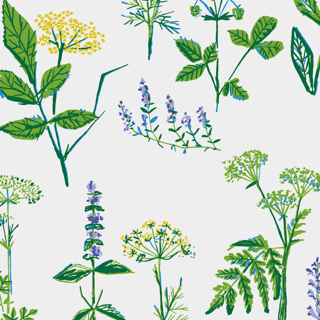 Köksväxter Leaf by Boråstapeter botanical wildflower wallpaper in green, yellow, and purple on white background