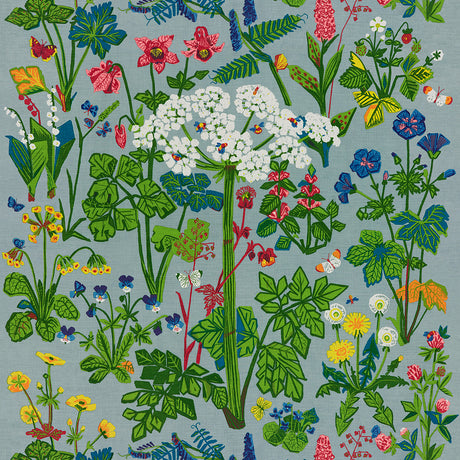 Aurora Mural by Boråstapeter for Schumacher, a vibrant multicolored floral wall mural featuring blooming meadow flowers and cow parsnip.