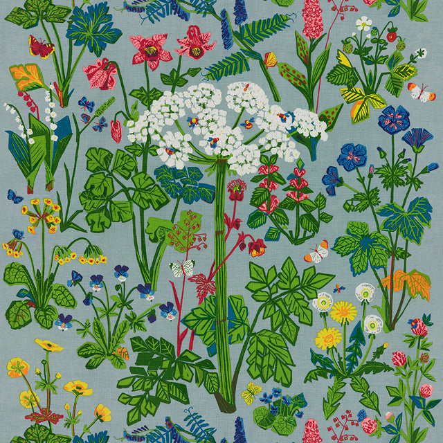 Aurora Mural by Boråstapeter for Schumacher, a vibrant multicolored floral wall mural featuring blooming meadow flowers and cow parsnip.