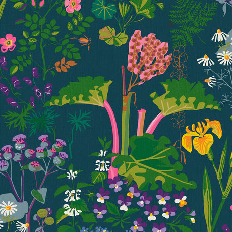 RABARBER Charcoal Multi botanical floral wallpaper by Boråstapeter for Schumacher, featuring colorful garden blooms on a dark background.